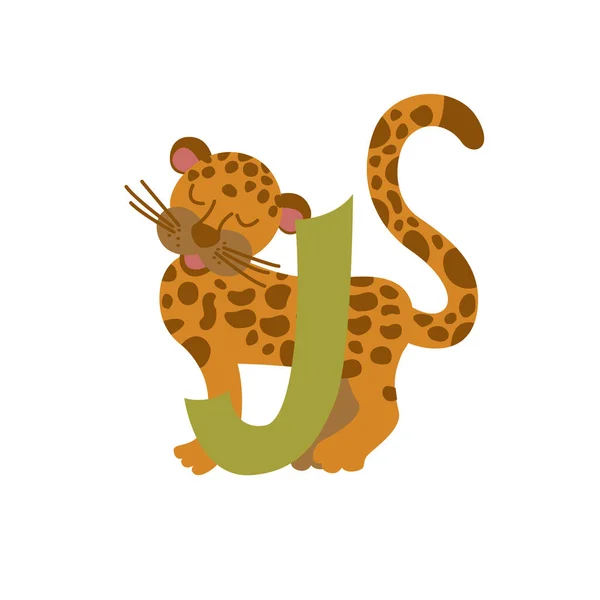 Jaguar Tier Alphabet Symbol. Englischer Buchstabe J isoliert auf weißem Hintergrund. Lustige handgezeichnete Stil Charakter. Kinder lesen lernen mit niedlichen Spielzeug-Illustrationen — Stockvektor