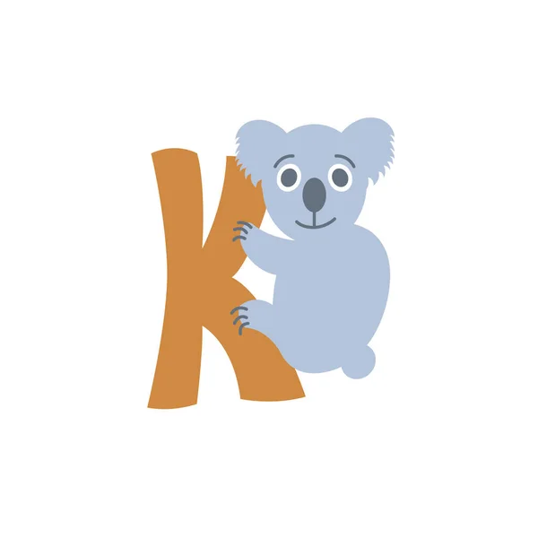 Símbolo del alfabeto animal de Koala. Letra inglesa K aislada sobre fondo blanco. Carácter de estilo dibujado a mano divertido. Aprenda a leer con una linda ilustración de juguetes — Archivo Imágenes Vectoriales