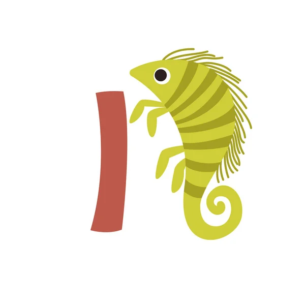 Simbolo dell'alfabeto animale dell'iguana. Lettera inglese ho isolato su sfondo bianco. Personaggio divertente stile disegnato a mano. Imparare i bambini a leggere con simpatico giocattolo illustrazione — Vettoriale Stock