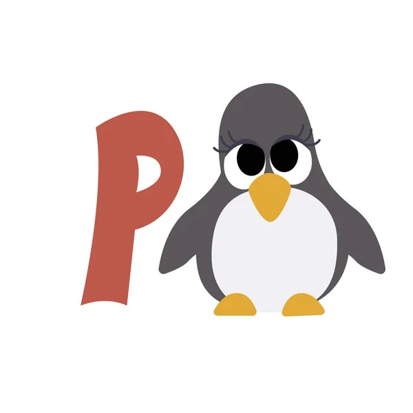 Pingvin állati ábécé szimbólum. Angol betű P izolált fehér háttérrel. Vicces kézzel rajzolt stílus karakter. Ismerje meg a gyerekek olvasni aranyos játék illusztráció — Stock Vector