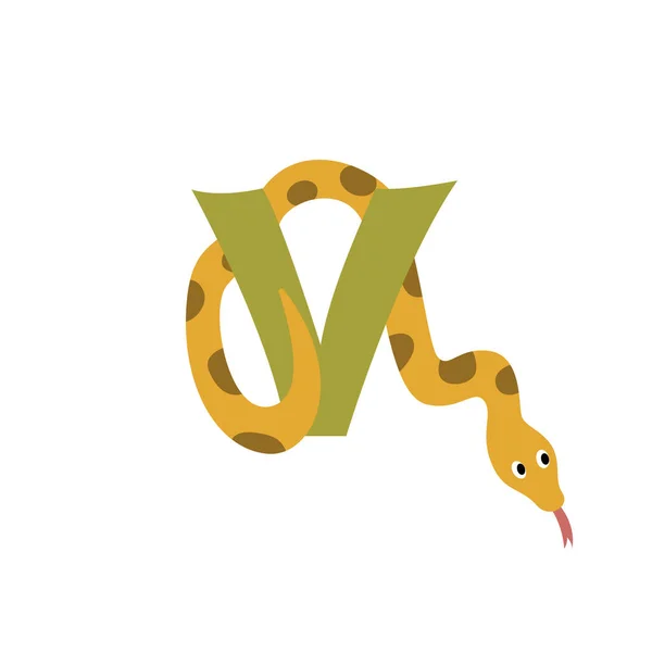 毒蛇动物字母表符号。在白色背景下孤立的英文字母V 。有趣的手绘风格人物。学孩子们用可爱的玩具插图看书 — 图库矢量图片