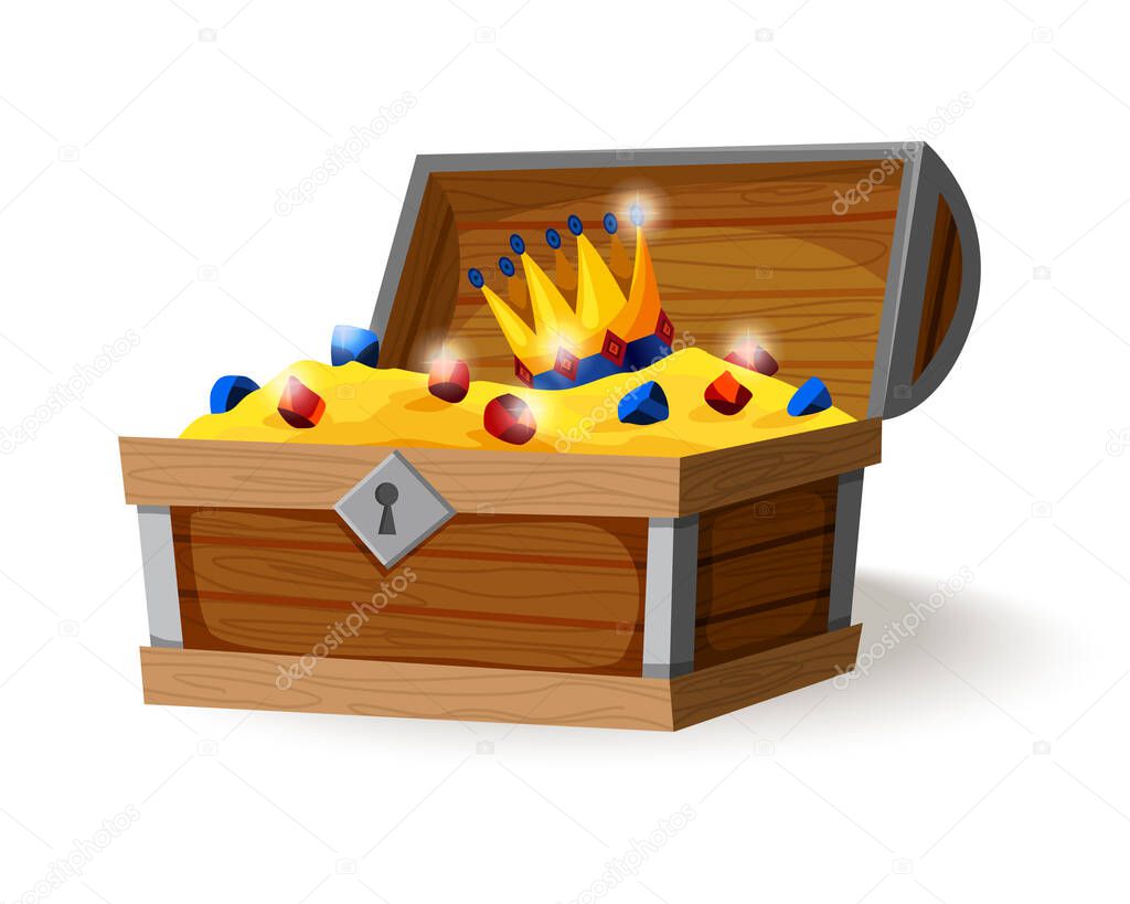Treasure chest isometric cartoon. Wooden open box full of gold coins, jewels and royal crown. Precious treasures, crystals, gems and golden coins in pirate chest. Illusration for game user interface