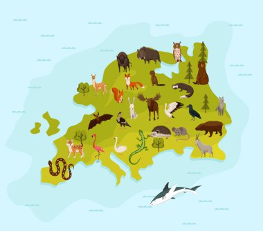 Avrupa 'nın hayvan haritası. Doğa hayvan haritası konsepti. Yerel hayvanlarla coğrafi harita. Memelilerle ve deniz yaşamlarıyla kıta. Çocuk tarzında vektör illüstrasyonu