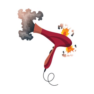 Kırık ev aletleri. Hasarlı saç kurutma makinesi. Beyaz üzerine izole edilmiş ev simgesi. Elektronik aletleri yakmak. Ev aletleri ya da yanan elektrikli ev aletleri yangında