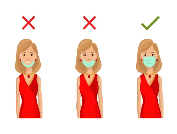 Ilustración de cómo usar la máscara facial correctamente. Método equivocado de usar una máscara. Consejo cómo prevenir la infección viral. Mujer que se protege de enfermedades infecciosas — Vector de stock