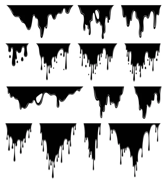 Kapající tekutina. Tekoucí olejová skvrna. Sada černých kapek. Abstraktní šablona toku. Vektorová ilustrace na bílém pozadí — Stockový vektor