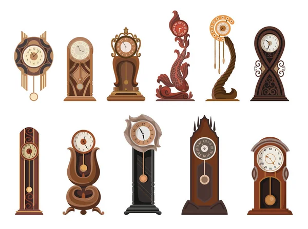 Παραδοσιακό δάπεδο ή τραπέζι στέκεται ρολόι με σκαλιστό ξύλο διακόσμηση. Κρεμασμένο εκκρεμές τοίχου ρολόι. Όμορφη vintage αντικείμενα σε στυλ κινουμένων σχεδίων. Διανυσματικό παλιό ρολόι μεμονωμένα εικονίδια — Διανυσματικό Αρχείο