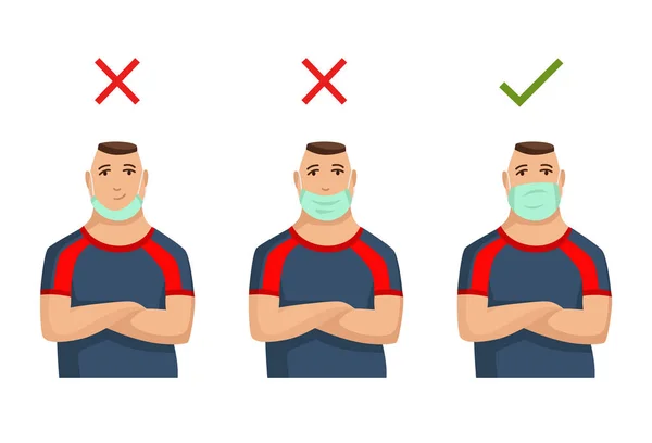 Ilustração como usar máscara facial corretamente. Método errado de usar uma máscara. Dica como prevenir a qualquer infecção viral. Homem que se protege de doenças infecciosas — Vetor de Stock