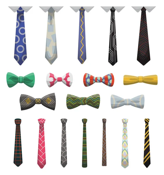Verzameling van stropdassen en strikjes. Mannen gemaakte accessoires. Kleding design element over geïsoleerd op witte achtergrond. Stof items voor mannelijke garderobe in elegante stijl — Stockvector