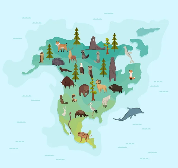 北アメリカの動物地図。自然動物の地図の概念。地元の動物との地理的地図。哺乳類と海の生物と大陸。子供のスタイルでベクトルイラスト — ストックベクタ