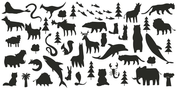 Collecte d'animaux vecteurs. Silhouette dessinée à la main d'animaux qui sont communs en Amérique, Europe, Asie, Afrique. Ensemble d'icônes noires isolées sur fond blanc — Image vectorielle