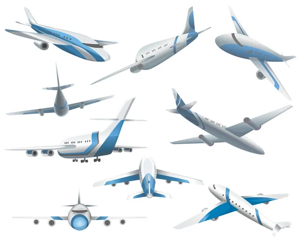 Flygplan i olika positioner för kommersiell flygflotta. Lufttransport. Resor med civila flygplan och flygsymboler. Vingflygtransport — Stock vektor