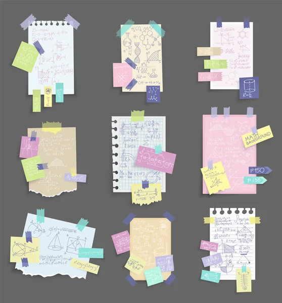 Papier notes autocollants. Ensemble de différents papiers de notes vectorielles. Autocollants blancs multicolores. Feuilles collantes de différentes couleurs et illustrations vectorielles de taille — Image vectorielle