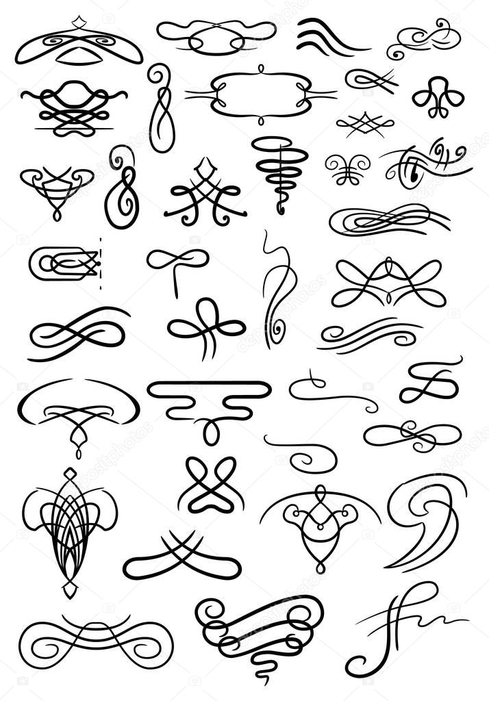 Flourish calligraphic design elements. Vintage swirls and scrolls for page decoration. Ornate symbols for retro design frames and invitations