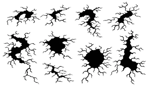 Sammlung von Rissen nach Erdbeben. Erdlöcher und Risse in der Zerstörung. Alternde oder ausgetrocknete Böden, Bodenzerstörung. Riss auf weißem Hintergrund — Stockvektor