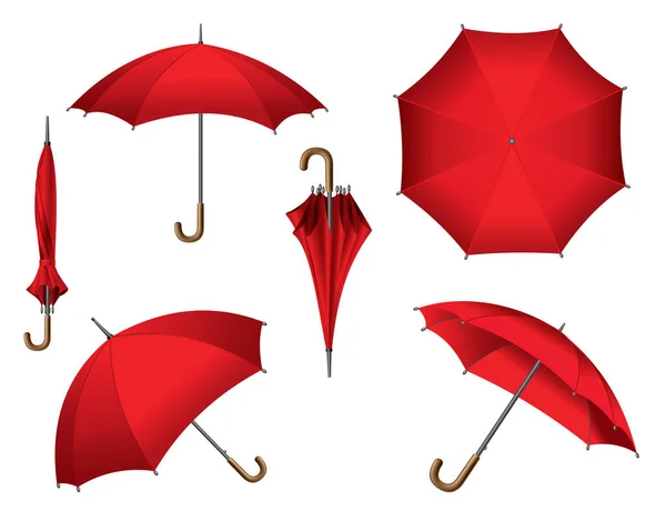 Paraguas rojos en varias posiciones. Aislado sobre fondo blanco. Colección de elementos vectoriales abiertos, plegados o de vista superior — Archivo Imágenes Vectoriales