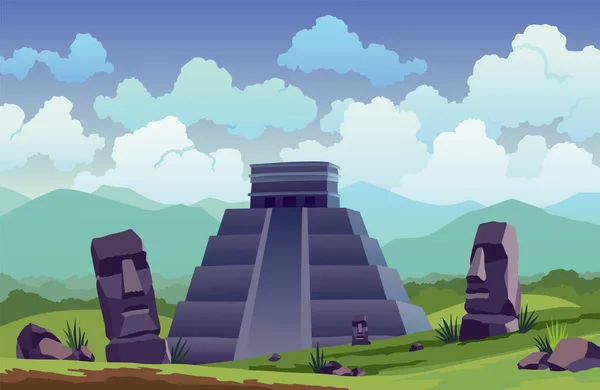 イースター島。古代マヤのピラミッドやモアイ像の旅行者。有名な旅行風景の場所のバナー。観光と休暇｜熱帯の背景 — ストックベクタ