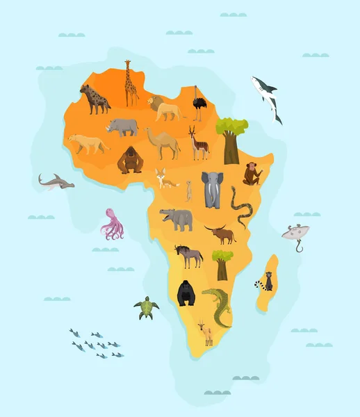 แผนที่แอฟริกาที่มีสัตว์ที่แตกต่างกัน แบนเนอร์การ์ตูนตลกสําหรับเด็กที่มีทวีปมหาสมุทรและสัตว์ตลกมากมาย วัสดุการศึกษาสําหรับเด็กก่อนวัยเรียน — ภาพเวกเตอร์สต็อก
