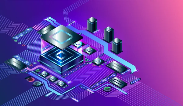 Elektronische cpu digitale chip. Processor chip op printplaat. Abstracte computerhardware of elektronische componenten op moederbord. Technologie van AI engineering — Stockvector