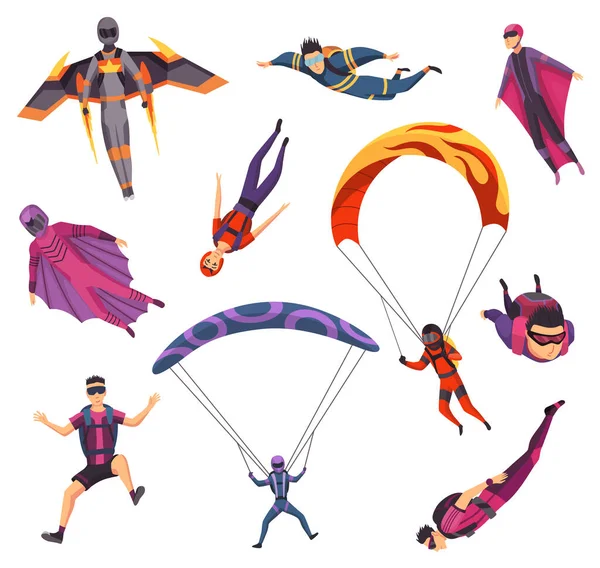 Parachutespringen. Groep paraglide en parachute springen personages op wit. Actieve hobby 's sportman springt. Mannelijke skydiver vliegend met sportuitrusting — Stockvector