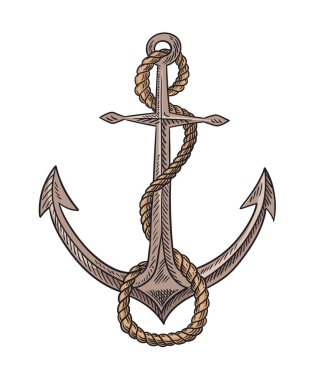Çapa ve ip kabartma vektör çizimi. El çizimi tasarım resmi. Vintage tarzında denizcilik sembolü. Retro çizimi