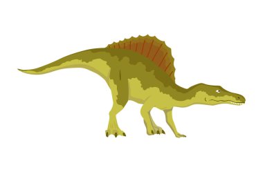 Spinosaurus dinozor düz ikonu. Beyaz arka planda renkli, tarih öncesi sürüngen canavarı. Vektör karikatür dino hayvan