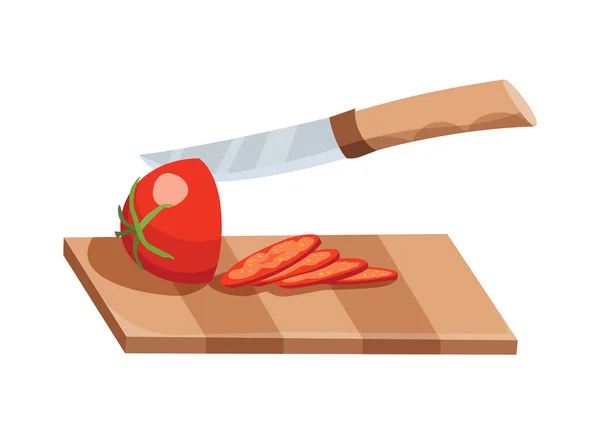 Κομμένο λαχανικό. Κόβω την ντομάτα με μαχαίρι. Κοπή σε ξύλινη σανίδα που απομονώνεται σε λευκό φόντο. Ετοιμάσου να μαγειρέψεις. Κομμένη φρέσκια διατροφή σε καρτούν επίπεδη στυλ — Διανυσματικό Αρχείο