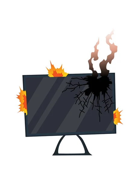 Broken home appliances. Damaged monitor. Domestic icon isolated on white. Burning electronics. Homeappliances or burnt electrical household equipment in fire — Stock Vector