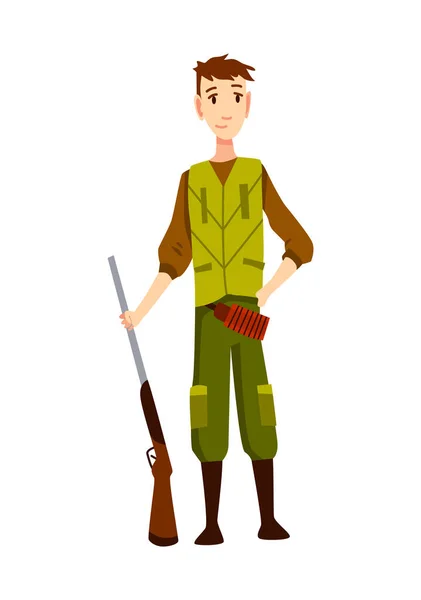 Personagem Hunter com espingarda. Homem com uma arma em camuflagem em estilo cartoon. Humano com armas na caça —  Vetores de Stock