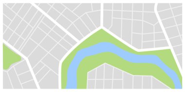 Şehir haritası. Yeşil çizgi parkı ve nehri olan şehir sokakları. Şehir merkezindeki GPS navigasyon planı, vektör içinde soyut ulaşım kenti. Kasabanın küçük yol haritasını çiziyorum. Şehir deseni dokusu