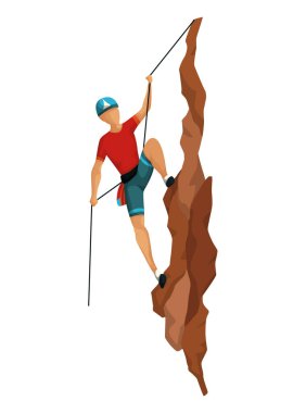 Dağ tırmanışı. Adamlar profesyonel ekipmanlarla bir kaya dağına tırmanıyorlar. Kayalık spor. Oyun sahnesi beyaz arkaplanda izole edildi