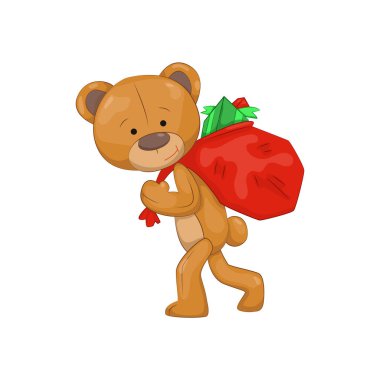 Oyuncak ayı. Şirin kahverengi çizgi film hayvanı. Omzunda hediyeler taşıyan komik bir sembol. Vektör çıkartması. Yazdırma ya da tebrik kartı şablonu