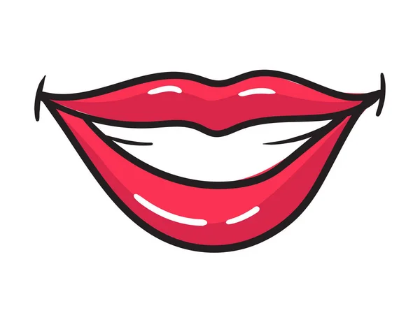 Sticker BD lèvres rouges féminines. Bouche femme avec rouge à lèvres dans un style comique vintage. Sourire pop art illustration rétro — Image vectorielle