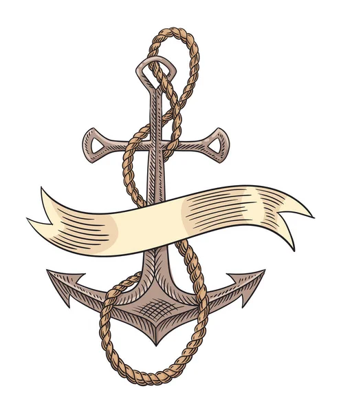 ( 영어 ) Anchor and rope sketch engraving vector illustration. 손으로 그린 디자인 이미지. 고전적 인 스타일의 감각적 상징이다. 역 그리기 — 스톡 벡터