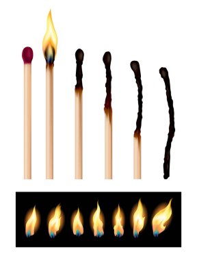 Set of match sticks with burning sequence. Wooden matches in different stages burning and glowing red, blown out and completely burned. Abstract realistic vector illustration clipart