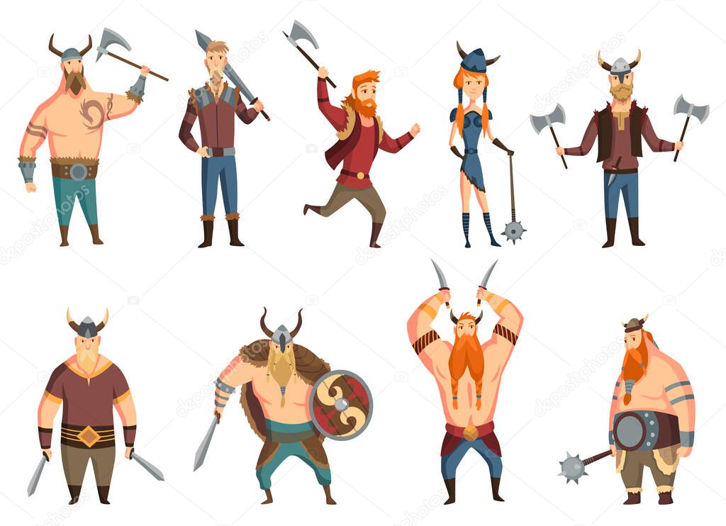 Viking people set with horned helmet, axe, sword and shield, knife, mace or hammer. Bearded men warriors, heroes of scandinavian legends. Cartoon barbarian with steel and leather, weapon and armor