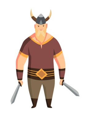 Boynuzlu miğferi ve iki kılıcı olan bir Viking. Sakallı adam savaşçı ya da İskandinav efsanelerinin kahramanı. Barbar karikatür tarihi karakteri.