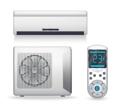 Klima sistemi. Soğutma ya da ısıtma ekipmanlarıyla gerçekçi bir set. Havayı temizlemek, tazelemek ve dolaşmak için elektronik alet ya da cihaz. Kapalı alan ve açık hava birimleri. Beyaz arkaplanda simge