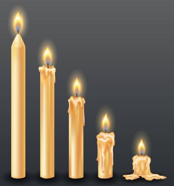 Mumları damlayan ya da akan balmumuyla yakmak. Sarı mumlar ve altın alevler. Yanmış ve erimiş balmumu. Yüksekten alta doğru sıralanmış. Koyu arkaplanda parlayan güzel mumların tasviri