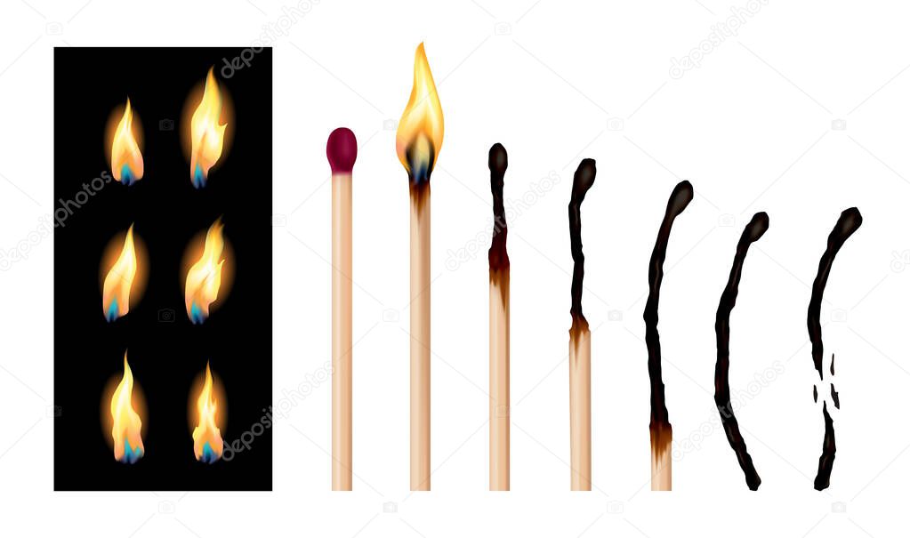Set of match sticks with burning sequence. Wooden matches in different stages burning and glowing red, blown out and completely burned. Abstract realistic vector illustration