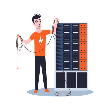 Sysadmin sunucuyu koruyor ya da onarıyor. Çalışmak, onarmak ve ağ bağlantısını ayarlamak. Teknik mühendis sistem bakımı üzerinde çalışıyor.