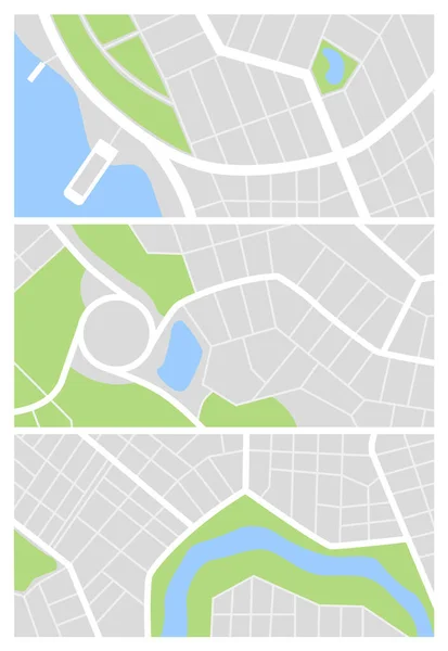 Набор карт города. Городские улицы с зеленым парком и рекой. Даунтаун gps-планы, городской транспорт в векторе. Рисование небольших дорожных карт города. Городские узоры — стоковый вектор