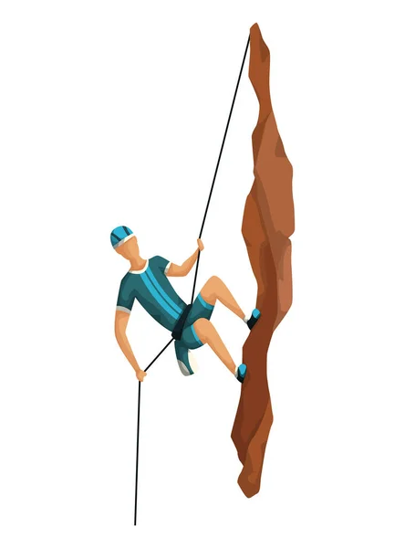 登山。男性はプロの装備で岩の山に登る。スポーツを強化する。白地に隔離されたゲームシーン — ストックベクタ