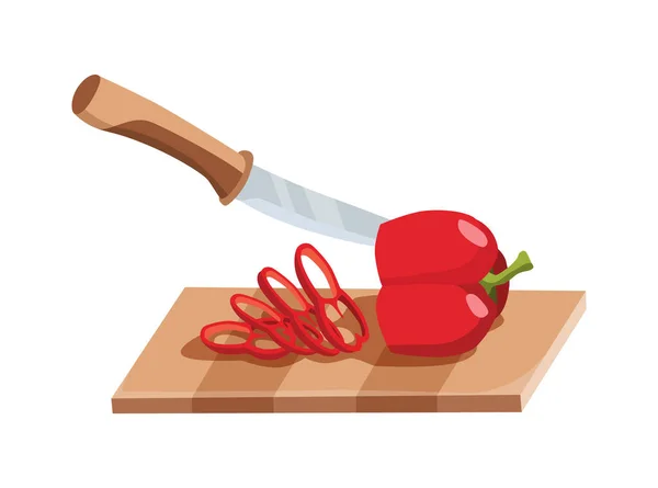 Légumes tranchés. Trancher le poivre au couteau. Découpe sur planche de bois isolée sur fond blanc. Préparez-vous à cuisiner. Nutrition fraîche hachée dans un style plat de dessin animé — Image vectorielle