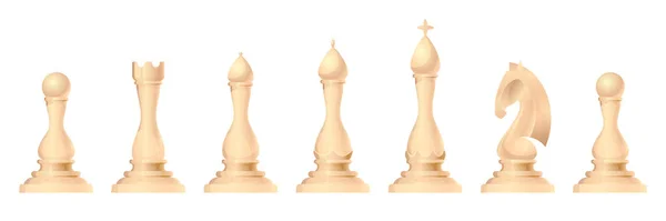 Xadrez figura conjunto vetorial. Rei, rainha, bispo, cavaleiro ou cavalo, torre e peão peças de xadrez padrão. Jogo de tabuleiro estratégico para lazer intelectual. Rubricas brancas —  Vetores de Stock