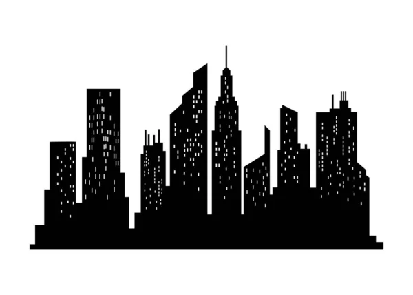 Силуэт городского пейзажа. Городское здание, ночной город и силуэт горизонтальной городской панорамы. Современный городской пейзаж. Монохромный панорамный вид — стоковый вектор