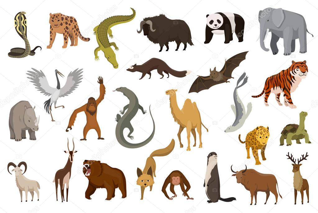 Collection of cute vector animals. Hand drawn animals which are common in Asia. Icon set isolated on a white background
