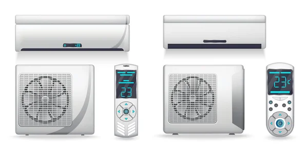 Luftkonditioneringssystem - realistiskt set med kyl- eller uppvärmningsutrustning. Elektronisk apparat eller anordning för att rengöra, fräscha upp och cirkulera luft. Färg inomhus och utomhus enheter. Ikon på vit bakgrund — Stock vektor