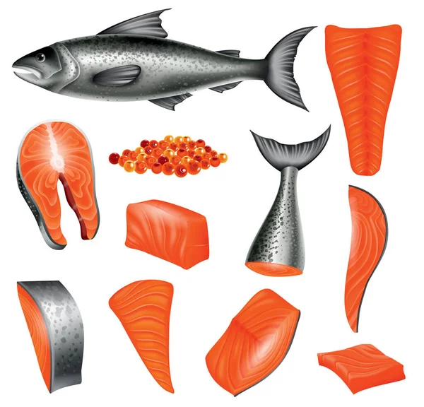 Salmão em diferentes cortes e ovos de salmão. Peixe vermelho isolado sobre fundo branco. Ilustração do vetor de frutos do mar crus. Produto realista de nutrição saudável —  Vetores de Stock