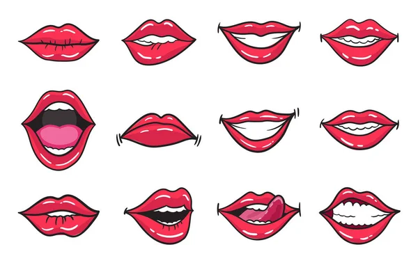 Bande dessinée lèvres rouges femelles. Bouche femme avec rouge à lèvres dans un style comique vintage. Illustration rétro art rop — Image vectorielle